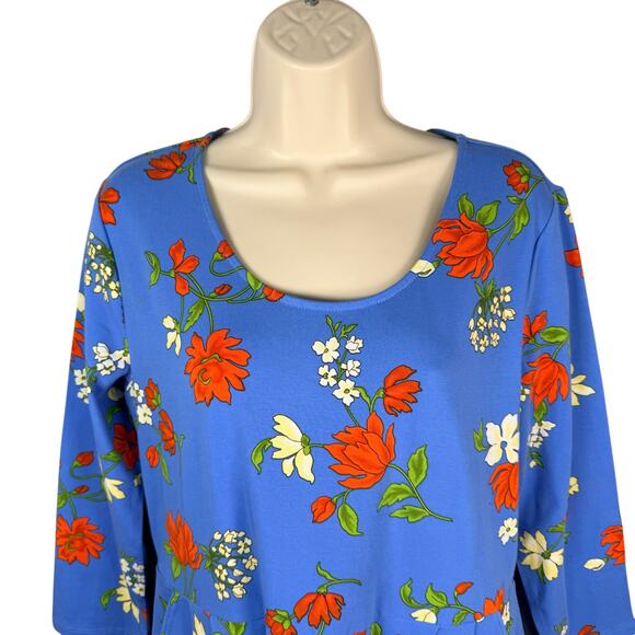 Lands End Dress Womens PM 10-12 Blue Floral Print 3/4 Sleeve Cotton Stretch - Picture 3 of 16